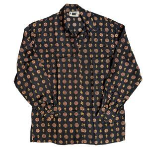 Vintage J.M Shelli Segal Black, Fleur de lis print, Long Sleeve, Button Up- M